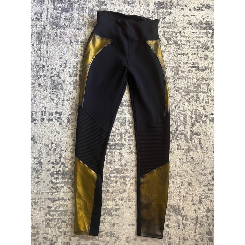 Assets by Spanx Womens Black Metallic Gold Moto Leggings High Waist Small‎